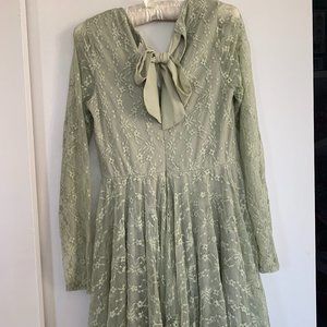 Sage Green Lace Mini Dress with satin neck tie